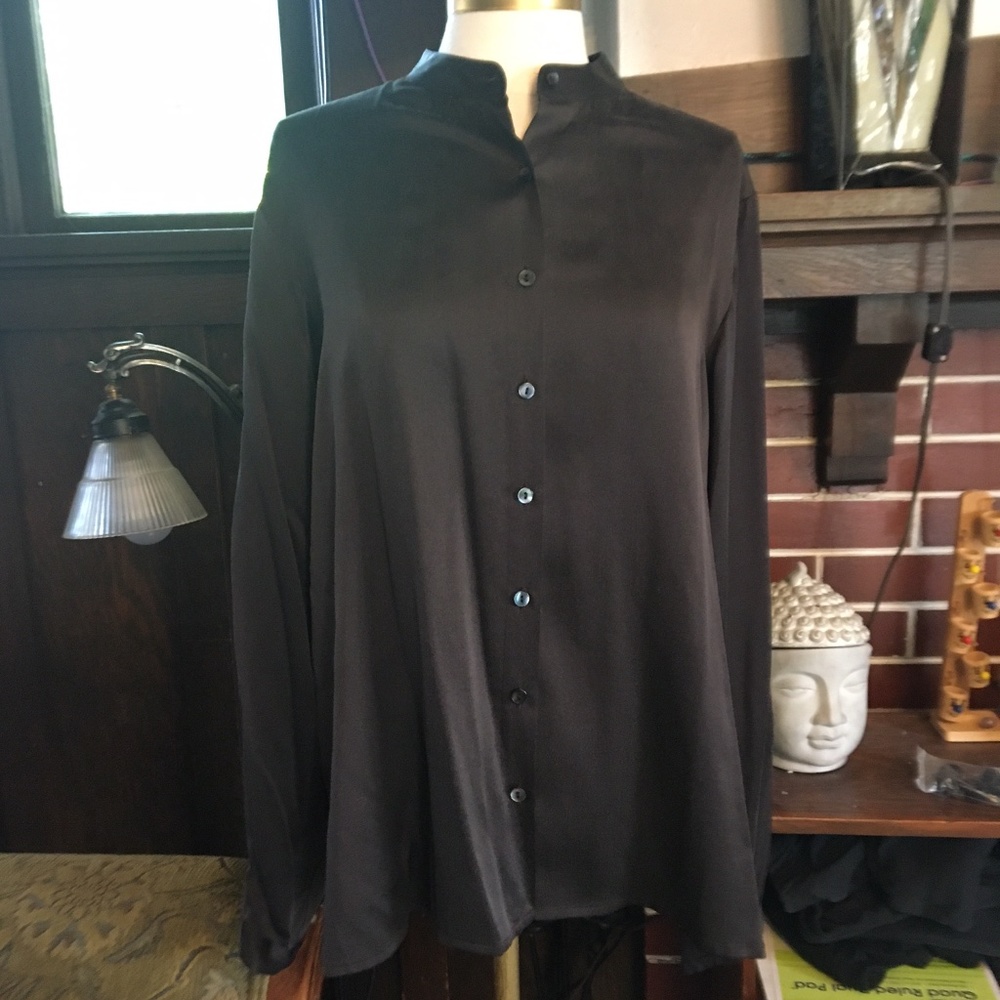 Vintage Eileen Fisher Silk Mandarin Collar Button Down Shirt, US Size M